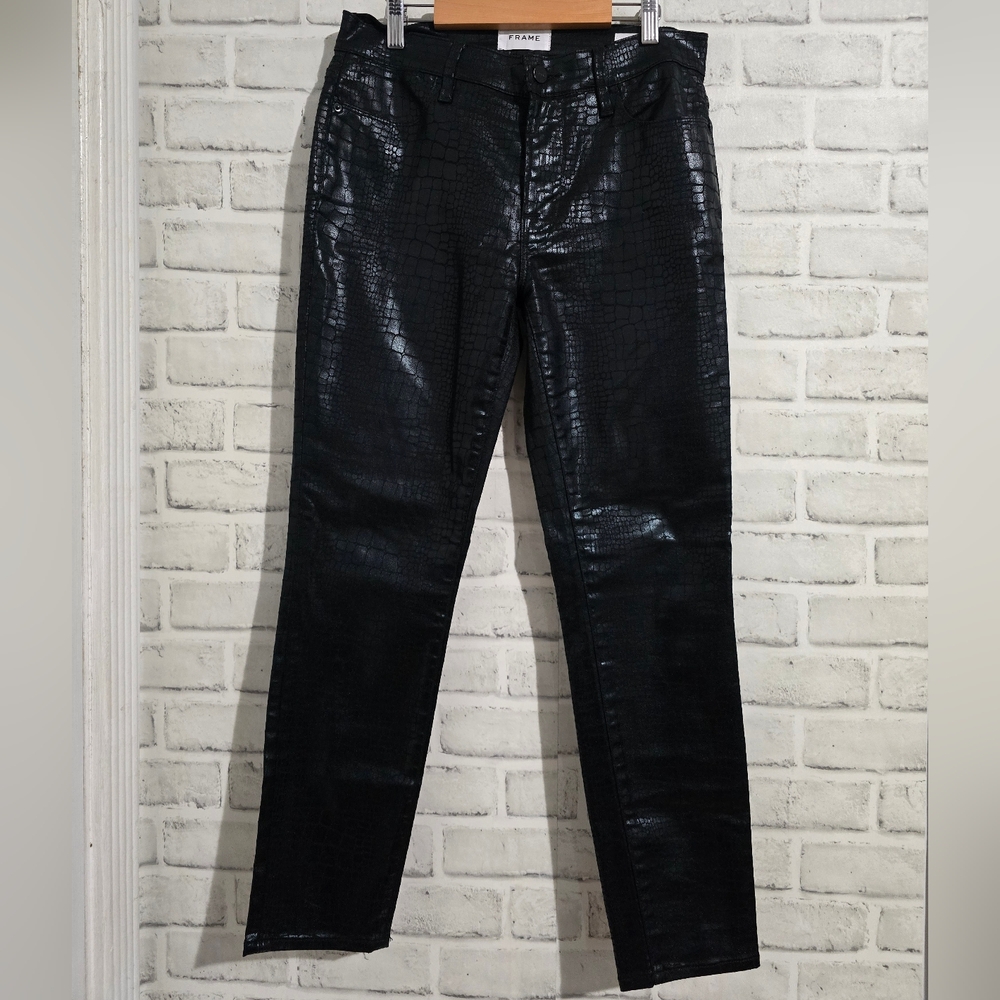 Frame Le High Skinny Noir Croc Black Size 27 - Picture 6 of 12